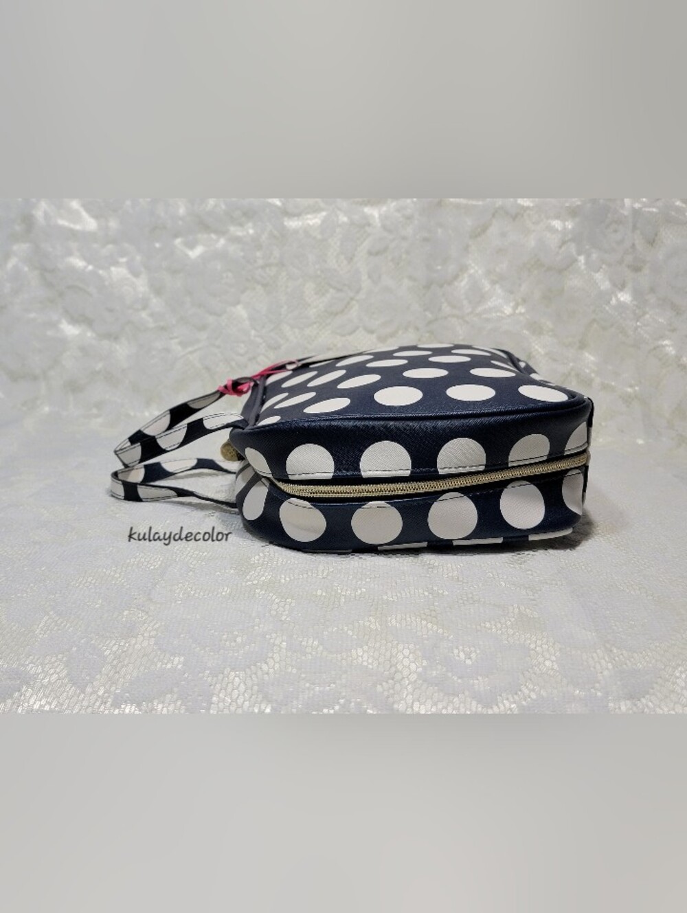 Dabney Lee Navy Blue White Polka Dot Cosmetic Travel Large Toiletry Bag Zip Tote - Picture 13 of 16